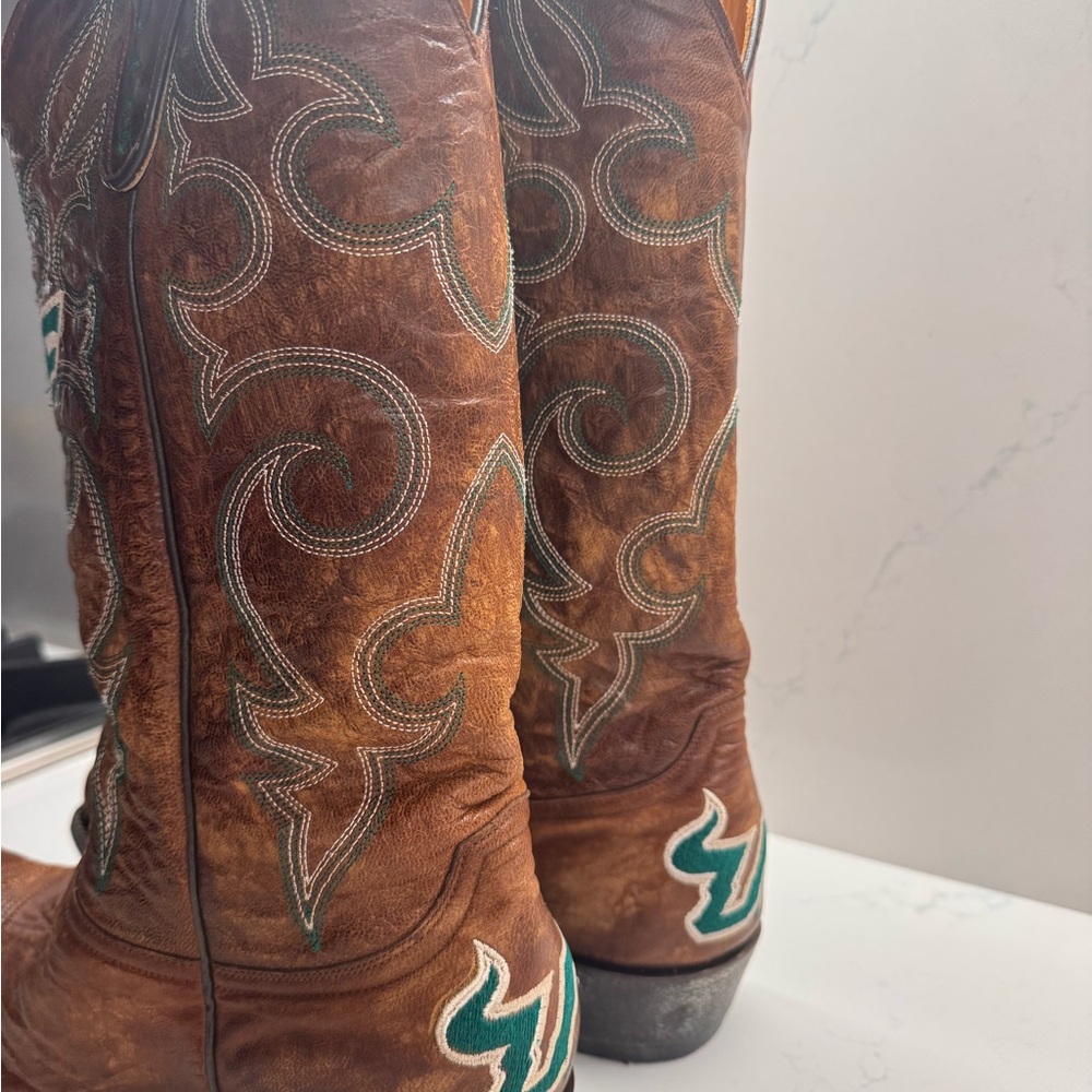 Brown Leather Cowboy Boots with Embroidered Design USF game day boots